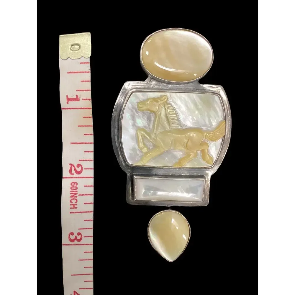 Vintage Sterling Silver 925 Mother Of Pearl Carved Horse Cameo Mint Condition